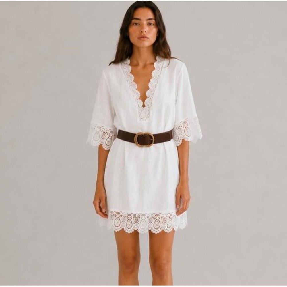 NWT Oyrosy White Crochet Lace Trim V-Neck Mini Dress Boho Summer size XS NOTES